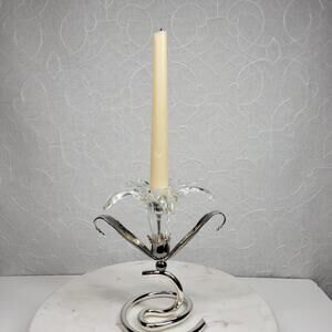 Vintage Glass Iris Candle Stick Holder 7.75" Silver Clear Spiral Base Flower